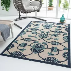 Lyla Blue Floral Damask Indoor/Outdoor Rug, 5x8