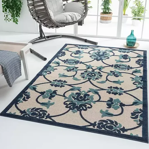 Lyla Blue Floral Damask Indoor/Outdoor Rug, 5x8