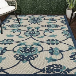 Lyla Blue Floral Damask Indoor/Outdoor Rug, 5x8