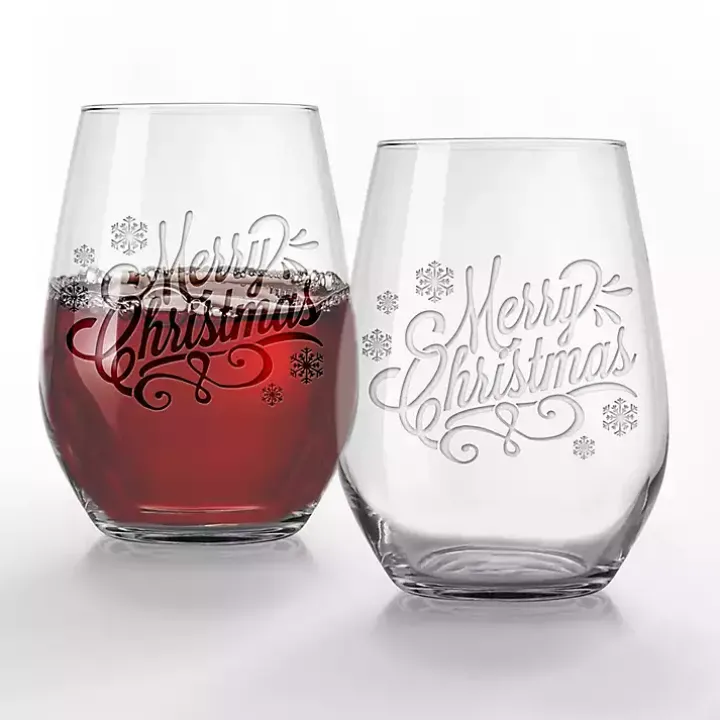 Merry Christmas Etched Wine Glasses, Set of 2