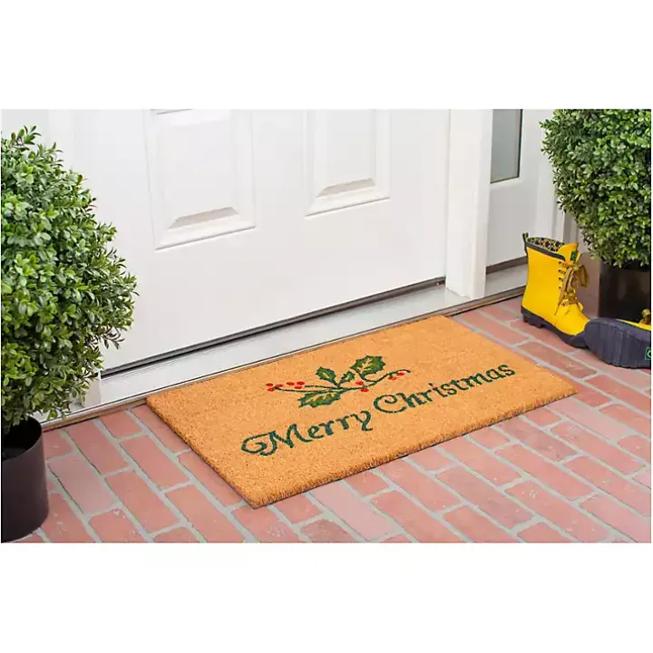 Merry Christmas Holly Branch Doormat