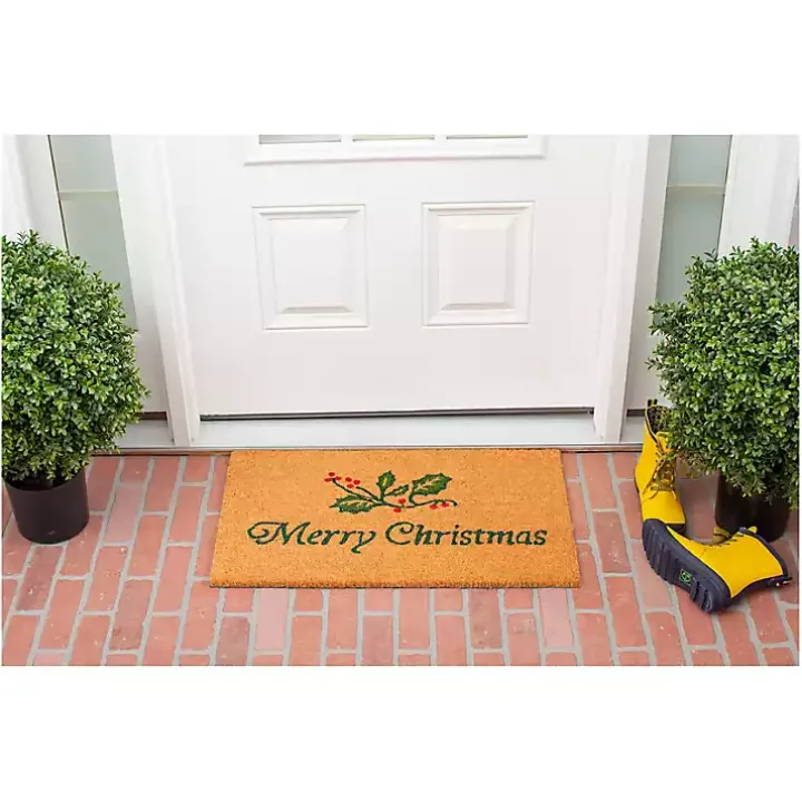 Merry Christmas Holly Branch Doormat