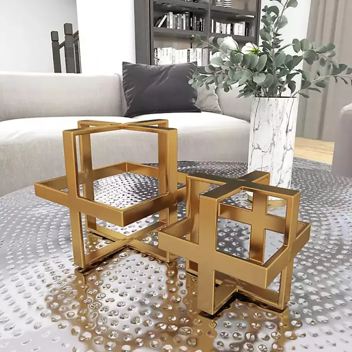 Metallic Gold Cube Sculptures, Set of 2