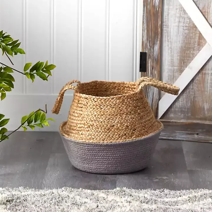 Natural and Gray Woven Jute Planter Basket