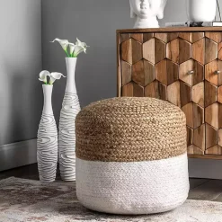 Natural and White Neely Jute Braided Pouf