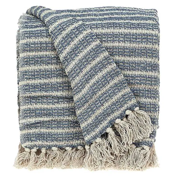 Natural Blue Striped Woven Tassel Throw