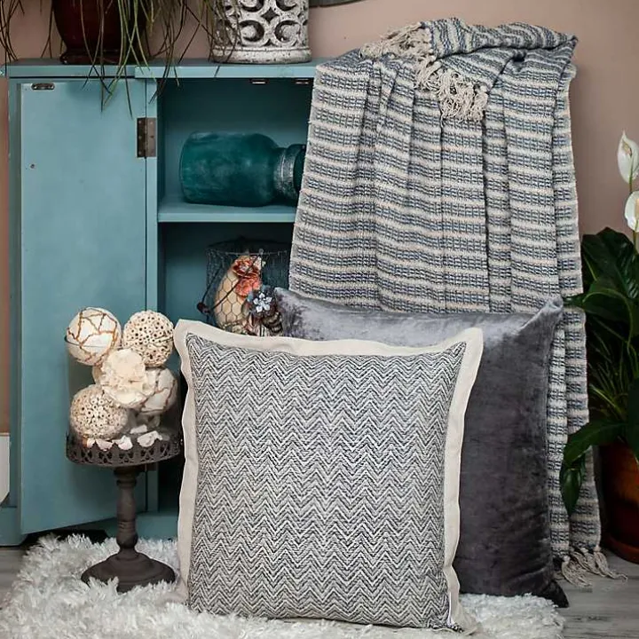 Natural Blue Striped Woven Tassel Throw