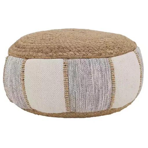 Natural Gray and White Striped Jute Pouf