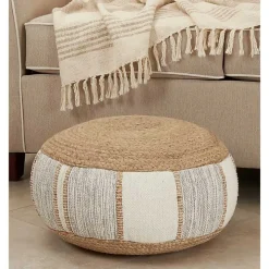 Natural Gray and White Striped Jute Pouf