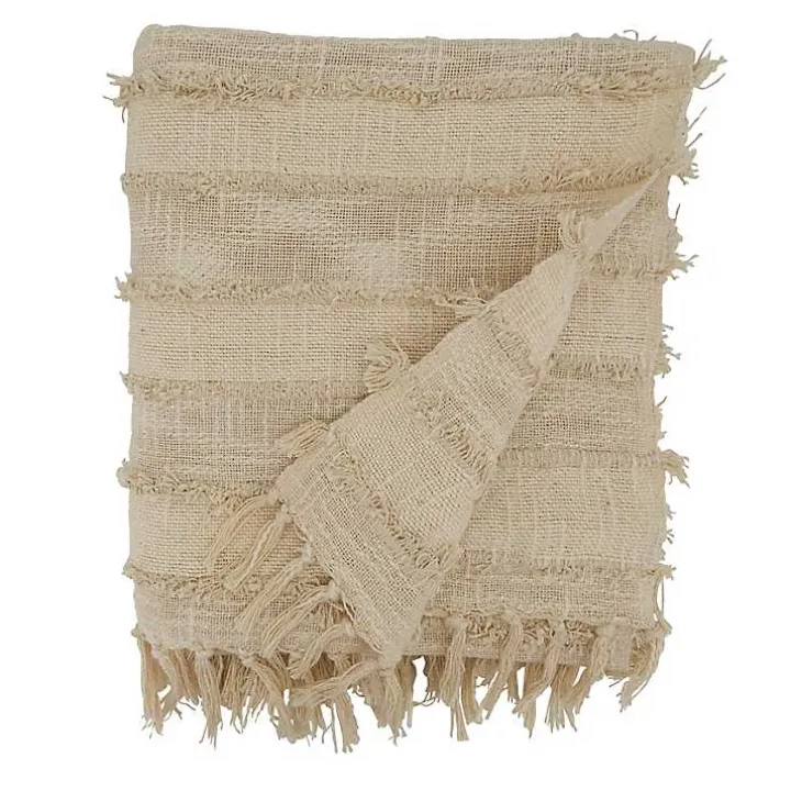 Natural Striped and Fringe Throw Blanket