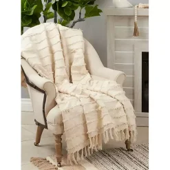 Natural Striped and Fringe Throw Blanket