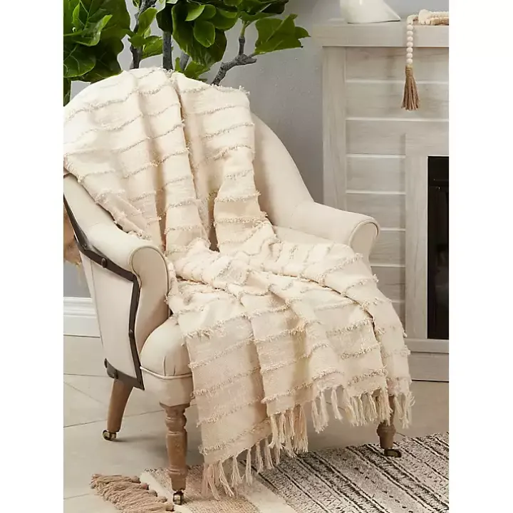 Natural Striped and Fringe Throw Blanket