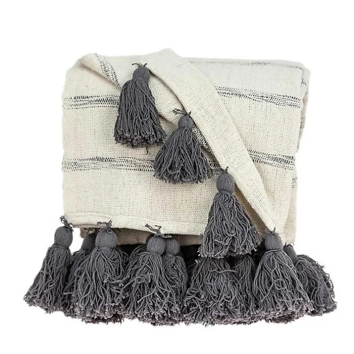 Natural Striped Cotton Handloomed Tassel Throw