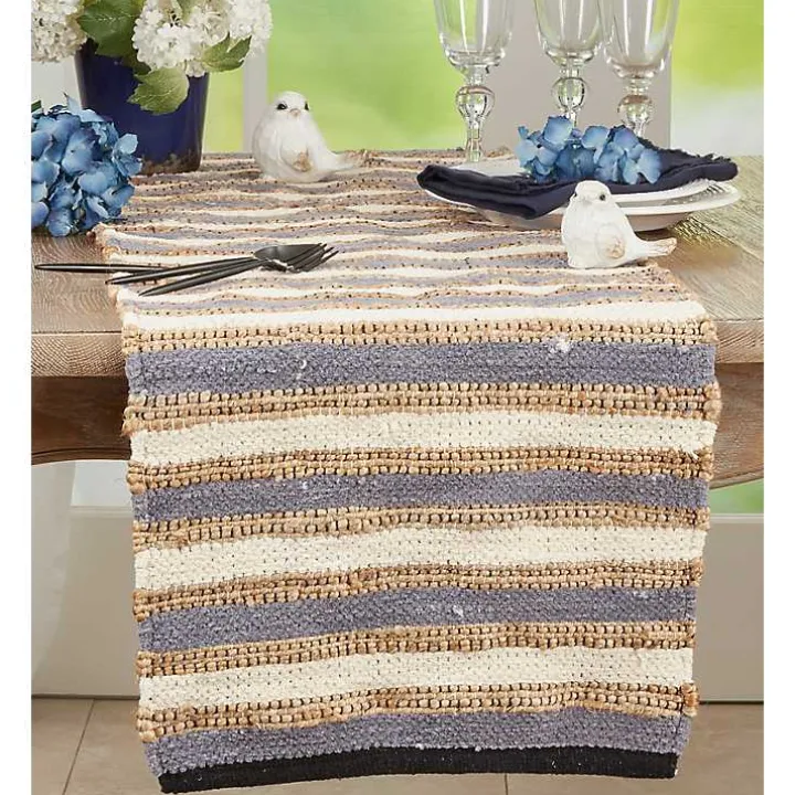 Natural Tan and Blue Striped Table Runner