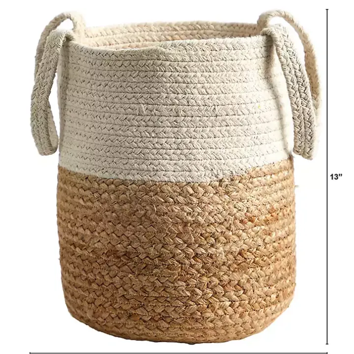 Natural Tan and White Jute Basket with Handles