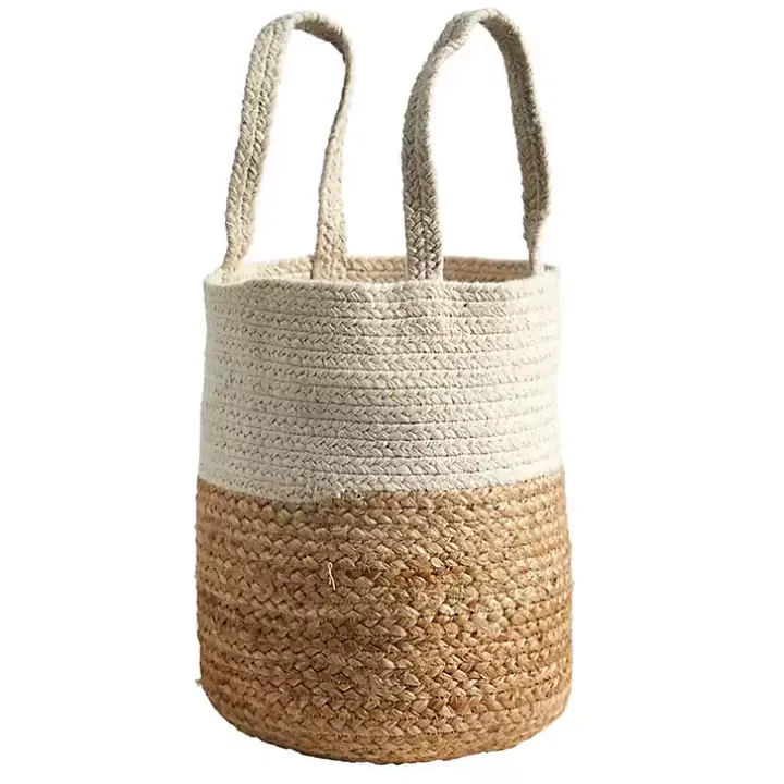 Natural Tan and White Jute Basket with Handles