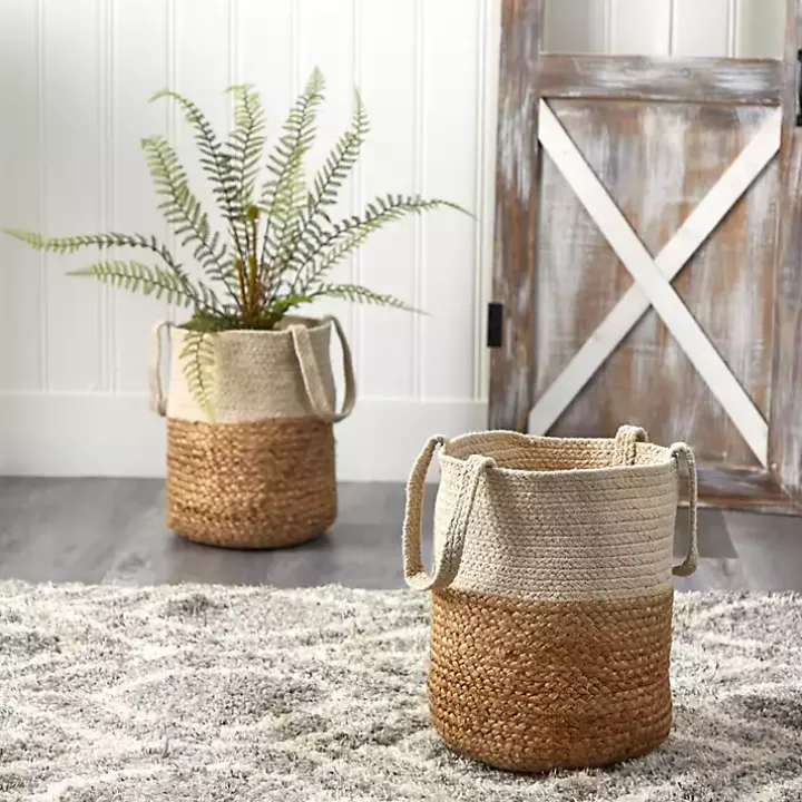 Natural Tan and White Jute Basket with Handles
