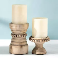 Natural Wood Beaded Pillar Candle Holder, 4 in.