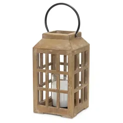 Natural Wood Windowpane Lantern, 17 in.