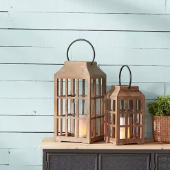 Natural Wood Windowpane Lantern, 17 in.