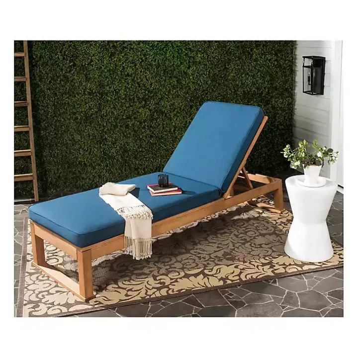 Natural Wooden Chaise with Navy Cushion