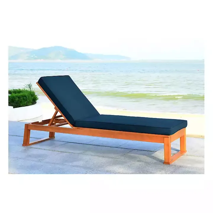 Natural Wooden Chaise with Navy Cushion