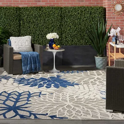 Navy Bright Floral Burst Outdoor Area Rug, 7x10