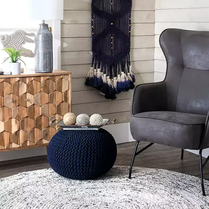 Navy Chain Knitted Round Pouf