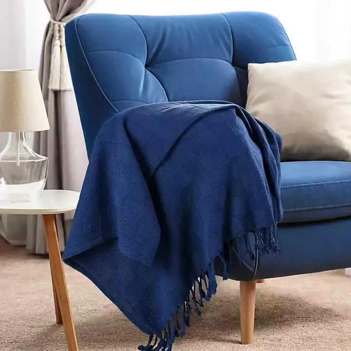 Navy Checkered Weave Fringe Throw