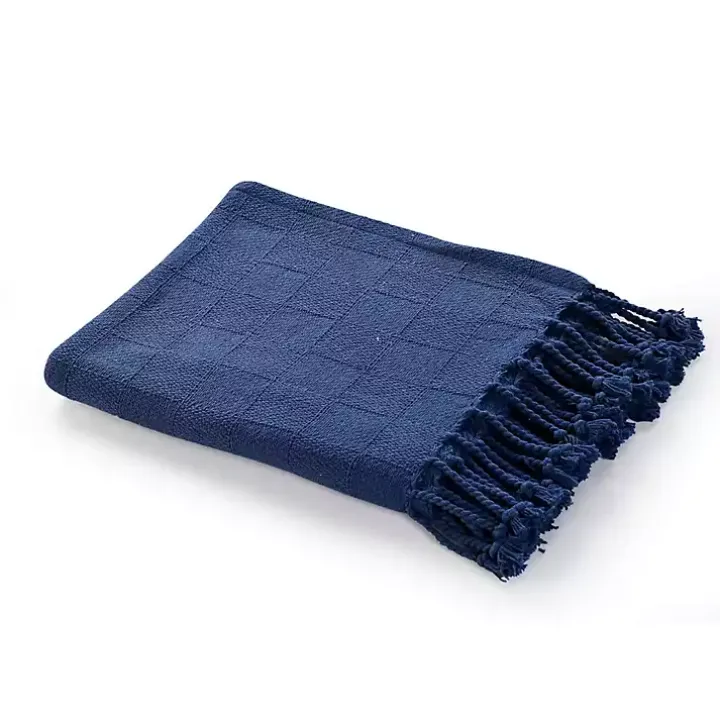 Navy Checkered Weave Fringe Throw