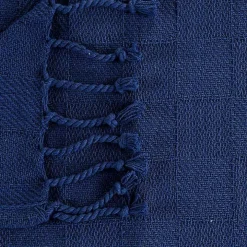 Navy Checkered Weave Fringe Throw