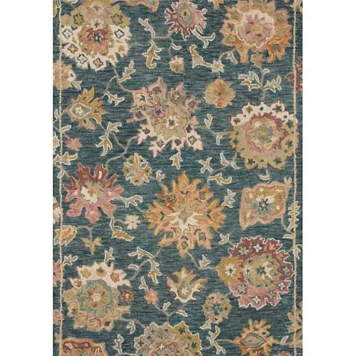 Navy Flora Motif Wool Area Rug, 5x8