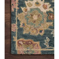 Navy Flora Motif Wool Area Rug, 5x8