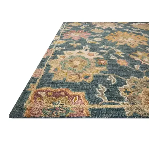 Navy Flora Motif Wool Area Rug, 5x8