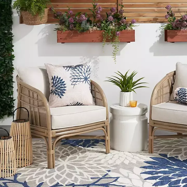 Navy Floral Chevron Outdoor Throw Pillow