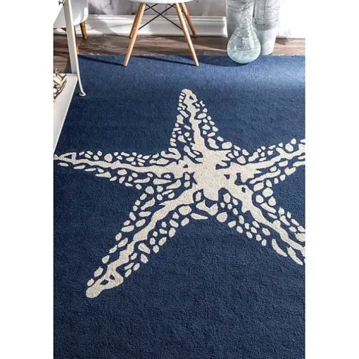 Navy Starfish Hooked Indoor/Outdoor Area Rug, 5x8