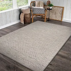 Neutral Bordered Lattice Outdoor Area Rug, 5x7
