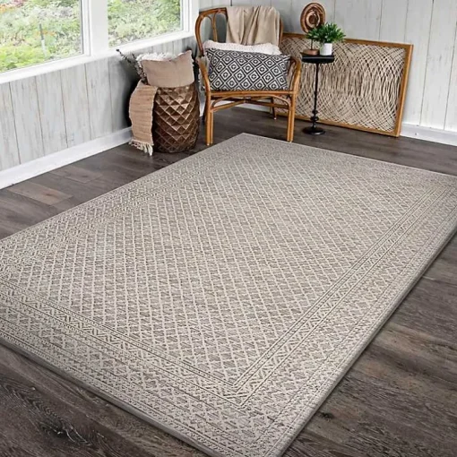 Neutral Bordered Lattice Outdoor Area Rug, 5x7