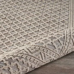 Neutral Bordered Lattice Outdoor Area Rug, 5x7