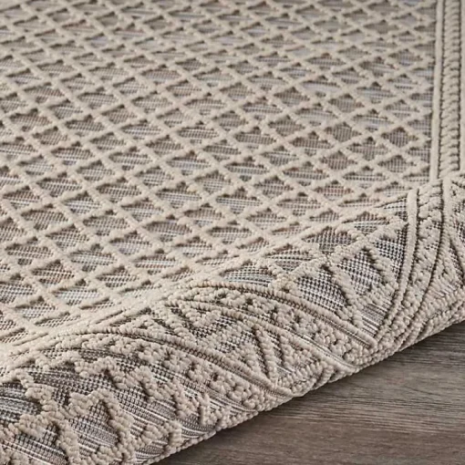 Neutral Bordered Lattice Outdoor Area Rug, 5x7