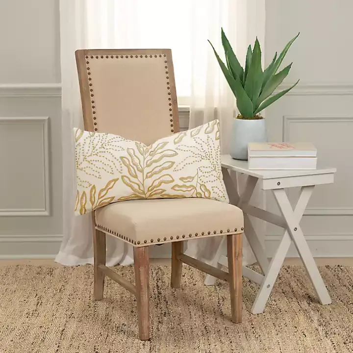 Neutral Embroidered Botanical Lumbar Pillow