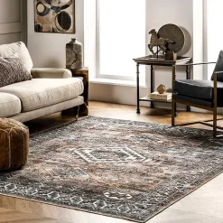 Orange Global Pattern Washable Area Rug, 5x8