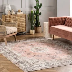 Orange Vintage Floral Washable Area Rug, 3x5