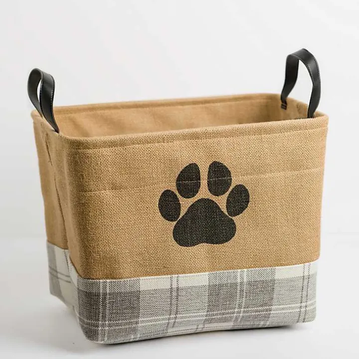 Paw Print Gray Plaid Leather Handle Jute Bin