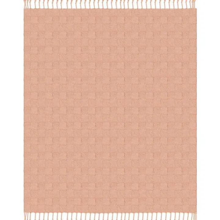Peach Checkered Weave Fringe Throw
