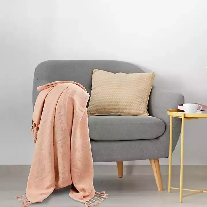 Peach Checkered Weave Fringe Throw