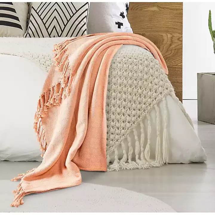 Peach Checkered Weave Fringe Throw