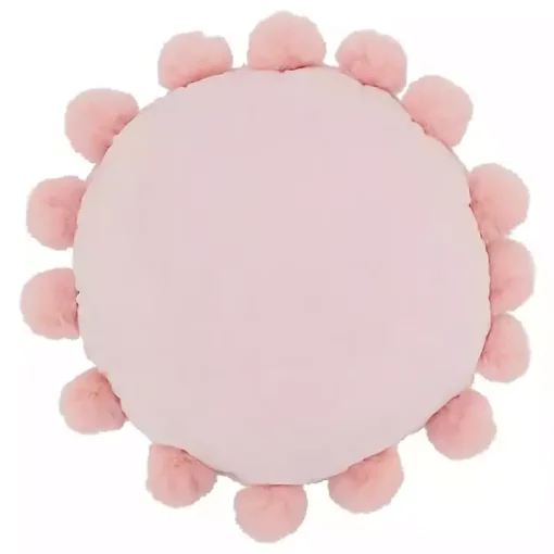 Pink Faux Fur Round Pom Pom Throw Pillow