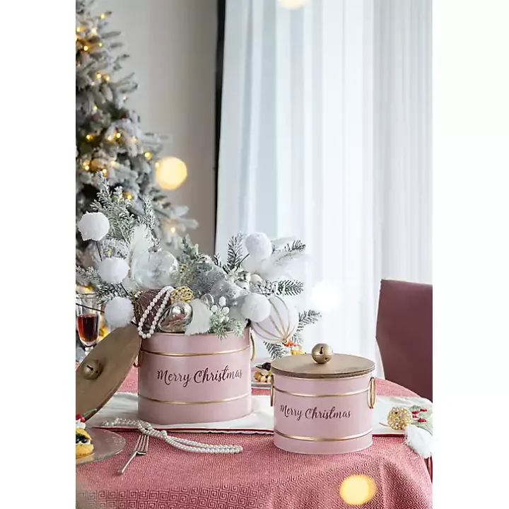 Pink Iron Merry Christmas Lidded Baskets, Set of 2
