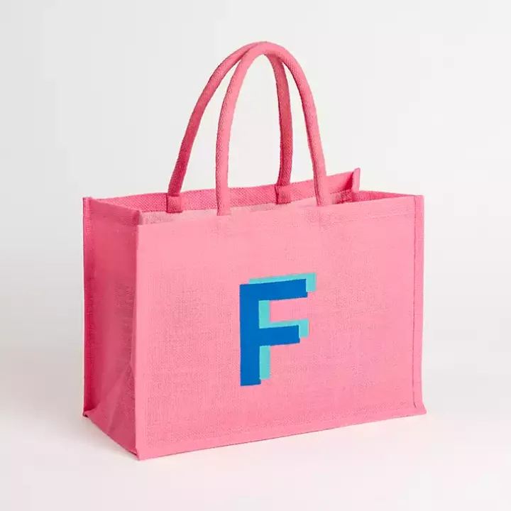 Pink Monogram F Jute Tote Bag